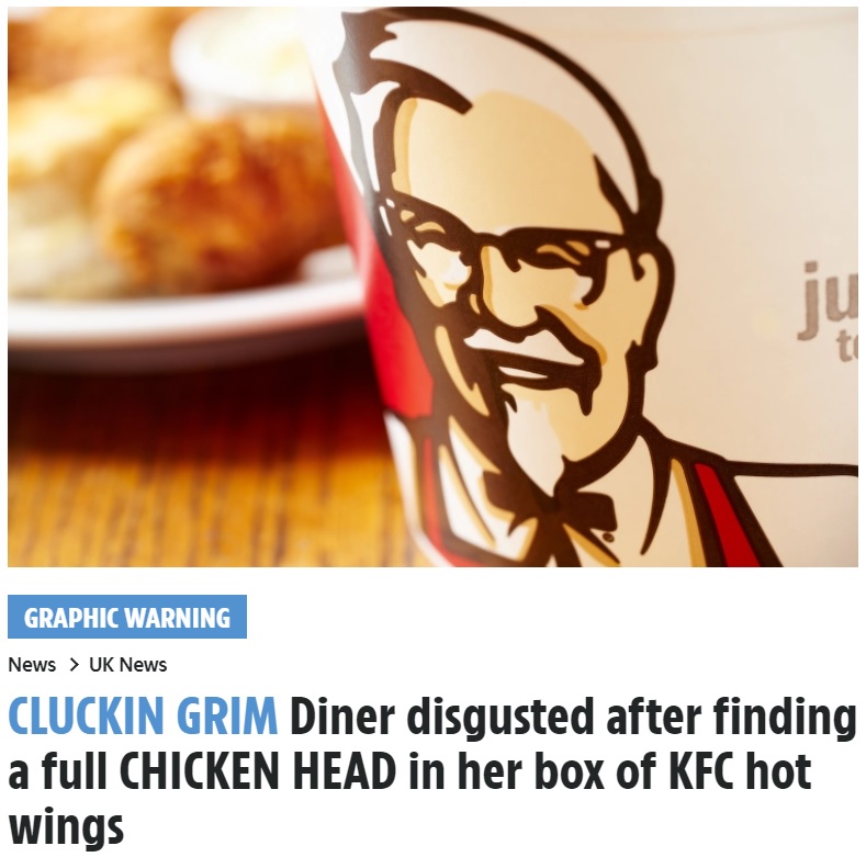 「信じられないほど稀な例」とKFC（画像は『The Sun　2021年12月23日付「CLUCKIN GRIM Diner disgusted after finding a full CHICKEN HEAD in her box of KFC hot wings」』のスクリーンショット）