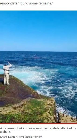 事故は釣り人の目の前で起きた（画像は『New York Post　2022年2月16日付「Swimmer killed by shark in horrifying attack in front of beachgoers: video」（Kharis Lianto / News Media Network）』のスクリーンショット）