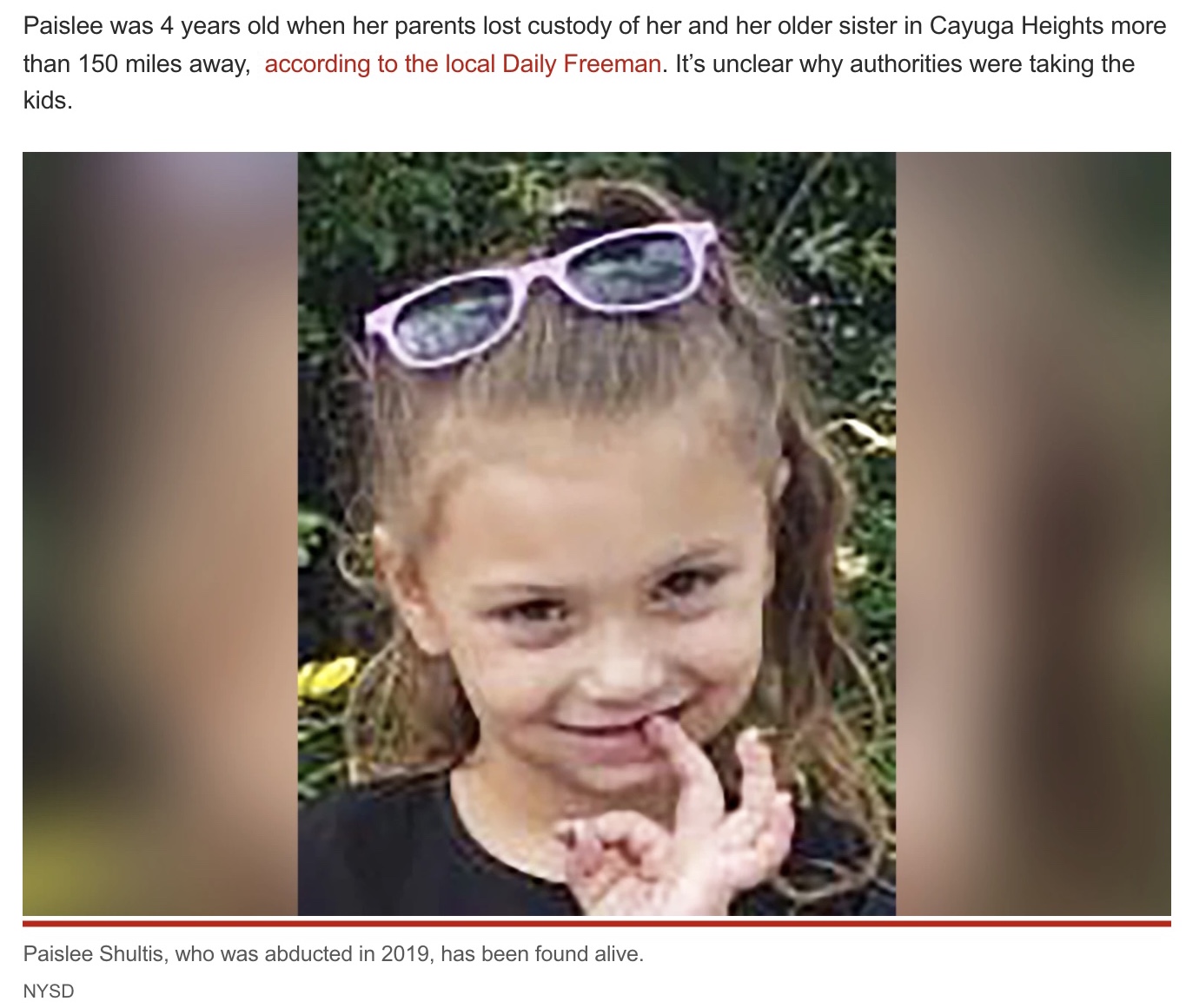 2019年から行方不明だった当時4歳の女児（画像は『New York Post　2022年2月15日付「Paislee Shultis, young girl missing since 2019, found alive」（NYSD）』のスクリーンショット）