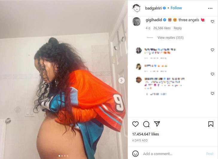 リアーナの投稿に「three angels」と記したジジ（画像は『badgalriri　2022年2月2日付Instagram「how the gang pulled up to black history month」』のスクリーンショット）