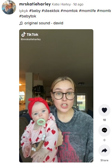 娘を抱き、批判の声に反論する母親（画像は『Katie Harley　2022年2月15日付TikTok「iykyk ＃baby ＃steaktok」』のスクリーンショット）