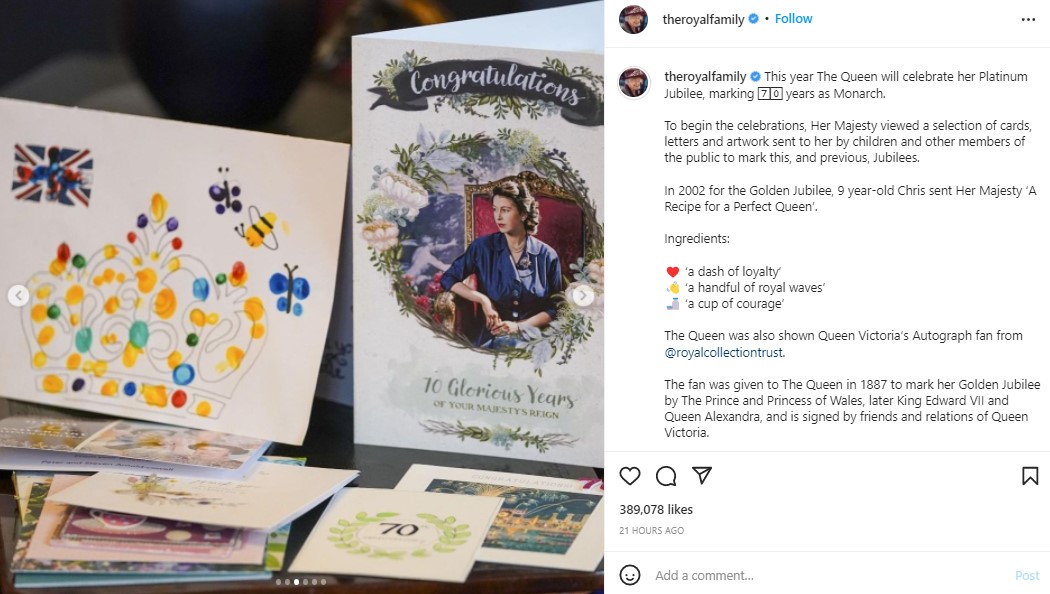 一般市民から届いた即位70周年を祝うカード（画像は『The Royal Family　2022年2月4日付Instagram「This year The Queen will celebrate her Platinum Jubilee, marking 70years as Monarch.」』のスクリーンショット）