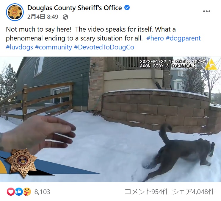 無事に救出されたハンク（画像は『Douglas County Sheriff’s Office　2022年2月4日付Facebook「Not much to say here!」』のスクリーンショット）