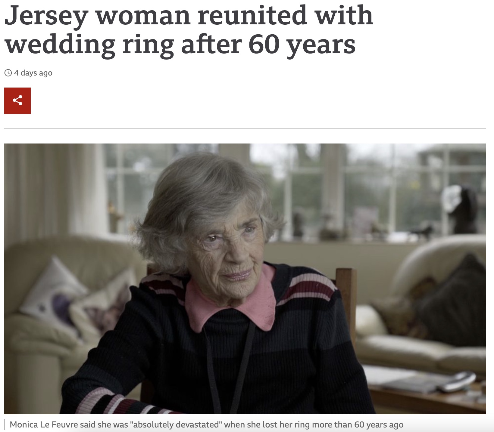 60年以上前に結婚指輪を失くし、諦めていた女性（画像は『BBC　2022年3月5日付「Jersey woman reunited with wedding ring after 60 years」』のスクリーンショット）