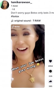 自分の顔を見て思わず吹き出すタミカさん（画像は『T-RAW　2022年1月8日付TikTok「Don’t worry guys Botox only lasts 3 months phew」』のスクリーンショット）