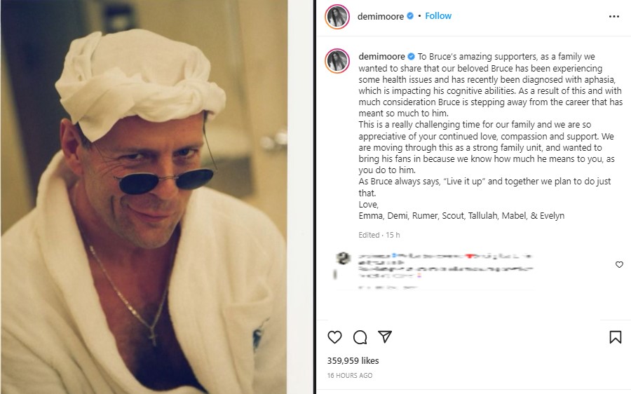 ブルースの家族が連名で発表した声明文（画像は『Demi Moore　2022年3月30日付Instagram「To Bruce’s amazing supporters」』のスクリーンショット）