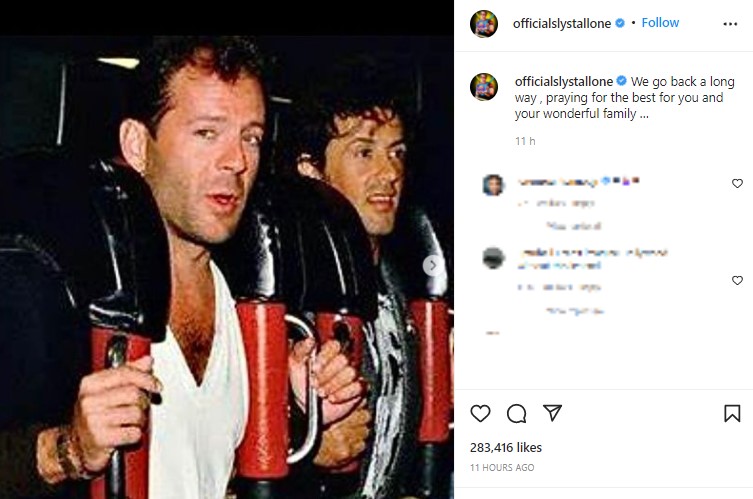 ブルースとの思い出の写真を公開したシルヴェスター・スタローン（画像は『Sly Stallone　2022年3月30日付Instagram「We go back a long way , praying for the best for you and your wonderful family …」』のスクリーンショット）