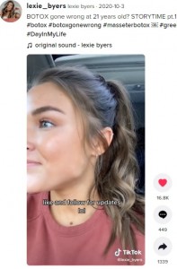 まるで卓球用ボールを入れたよう？（画像は『lexie byers　2020年10月3日付TikTok「BOTOX gone wrong at 21 years old?」』のスクリーンショット）