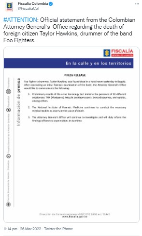 コロンビア検事当局からの発表（画像は『Fiscalía Colombia　2022年3月26日付Twitter「＃ATTENTION: Official statement from the Colombian Attorney General’s Office regarding the death of foreign citizen Taylor Hawkins, drummer of the band Foo Fighters.」』のスクリーンショット）