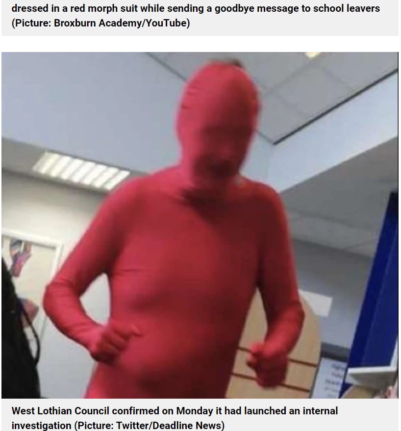 真っ赤な全身タイツで教室に現れた教師（画像は『Metro　2022年3月7日付「Teacher’s morph suit left nothing to the imagination on World Book Day」（Picture: Twitter/Deadline News）』のスクリーンショット）