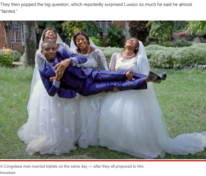 1人の男性と結婚した一卵性の三つ子姉妹（画像は『New York Post　2022年3月2日付「Polygamist weds triplets on same day ― after they all propose to him」（Newsflash）』のスクリーンショット）