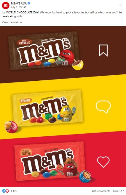 ブラウンのパッケージのM＆M’Sに似てる？（画像は『M＆M’S USA　2021年7月8日付Facebook「It’s WORLD CHOCOLATE DAY!」』のスクリーンショット）