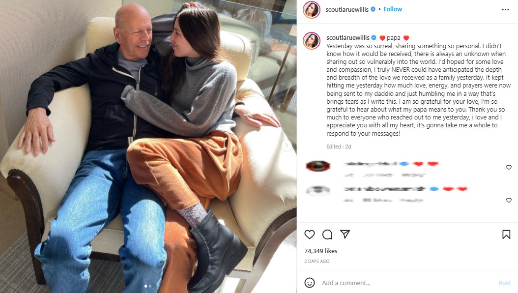 父とのツーショットに感謝の言葉を添えたスカウト（画像は『Scout laRue Willis　2022年4月1日付Instagram「papa」』のスクリーンショット）