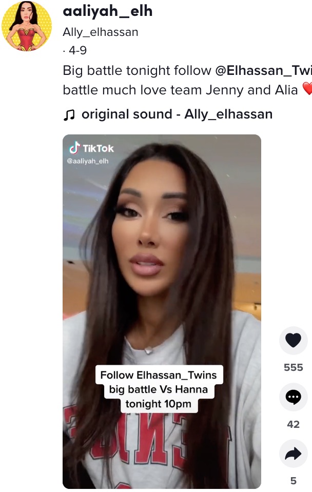 酸攻撃を受ける前の女性（画像は『Ally_elhassan　2022年4月9日付TikTok「Big battle tonight follow ＠Elhassan_Twins to watch the battle much love team Jenny and Alia」』のスクリーンショット）