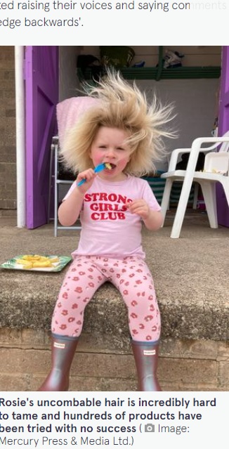 針金のような金髪を持つ女児（画像は『The Mirror　2022年4月13日付「Mum of girl with unruly hair due to condition told ‘brush it’ by cruel strangers」（Image: Mercury Press ＆ Media Ltd.）』のスクリーンショット）