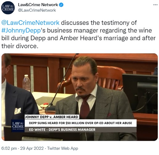 アンバーとの裁判に出廷したジョニー（画像は『Law＆Crime Network　2022年4月29日付Twitter「＠LawCrimeNetwork discusses the testimony of ＃JohnnyDepp’s business manager regarding the wine bill during Depp and Amber Heard’s marriage and after their divorce.」』のスクリーンショット）