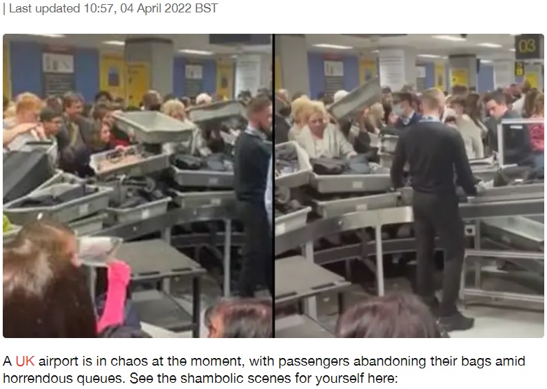 機内持ち込み荷物がいくつも積み重なった保安検査場（画像は『LADbible　2022年4月4日付「UK Airport In Chaos As Passengers Dump Luggage After ‘Management Failure’」』のスクリーンショット）
