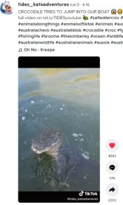 ボートに乗っていたカップルに突然、顔を向けたワニ（画像は『Kat D　2022年4月16日付TikTok「CROCODILE TRIES TO JUMP INTO OUR BOAT」』のスクリーンショット）