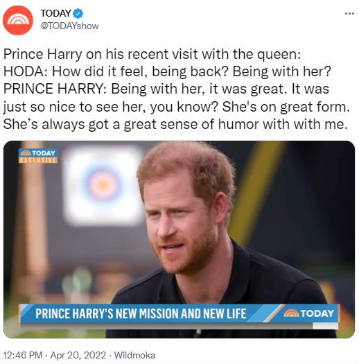 女王との極秘面会について語ったヘンリー王子（画像は『TODAY　2022年4月20日付Twitter「Prince Harry on his recent visit with the queen:」』のスクリーンショット）