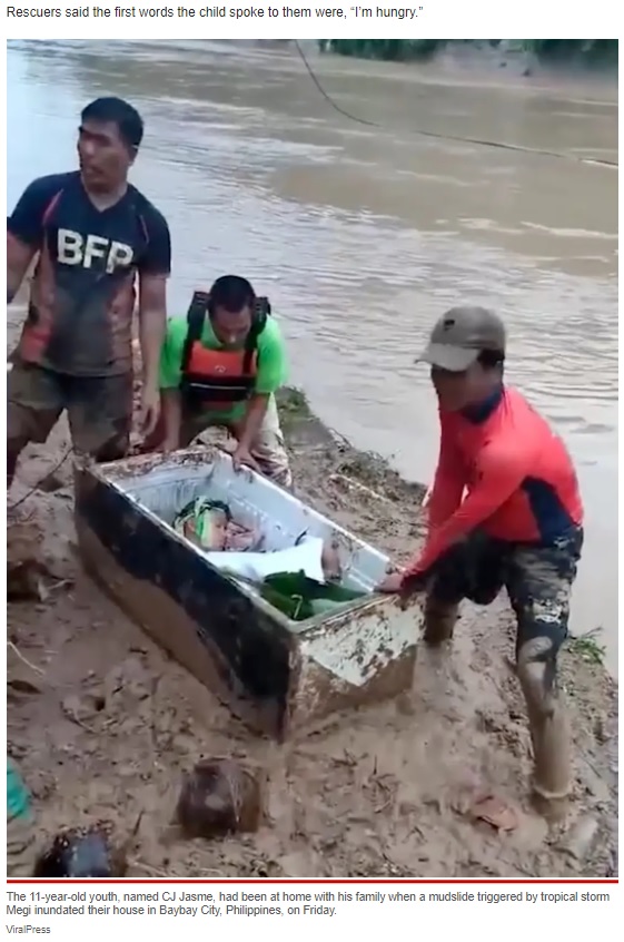 冷蔵庫の中に約20時間隠れていたCJ君（画像は『New York Post　2022年4月20日付「Boy survives deadly landslide by taking refuge in fridge: ‘I’m hungry now’」（ViralPress）』のスクリーンショット）