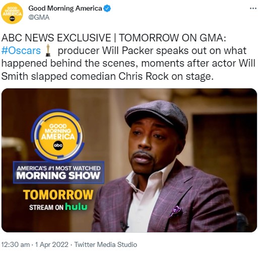 ビンタ騒動後の舞台裏を明かしたウィル・パッカー氏（画像は『Good Morning America　2022年3月31日付Twitter「ABC NEWS EXCLUSIVE | TOMORROW ON GMA:」』のスクリーンショット）