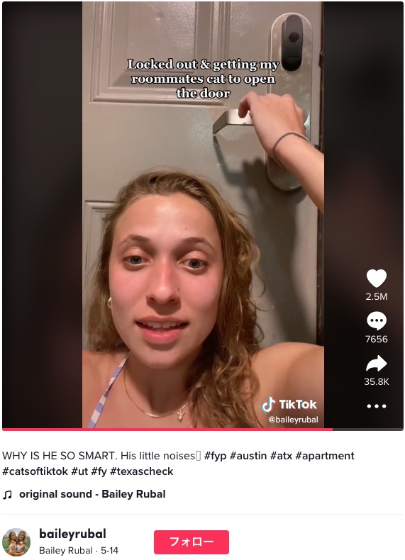 鍵を持たず、外に締め出されてしまった女性（画像は『Bailey Rubal　2022年5月14日付TikTok「WHY IS HE SO SMART.」』のスクリーンショット）