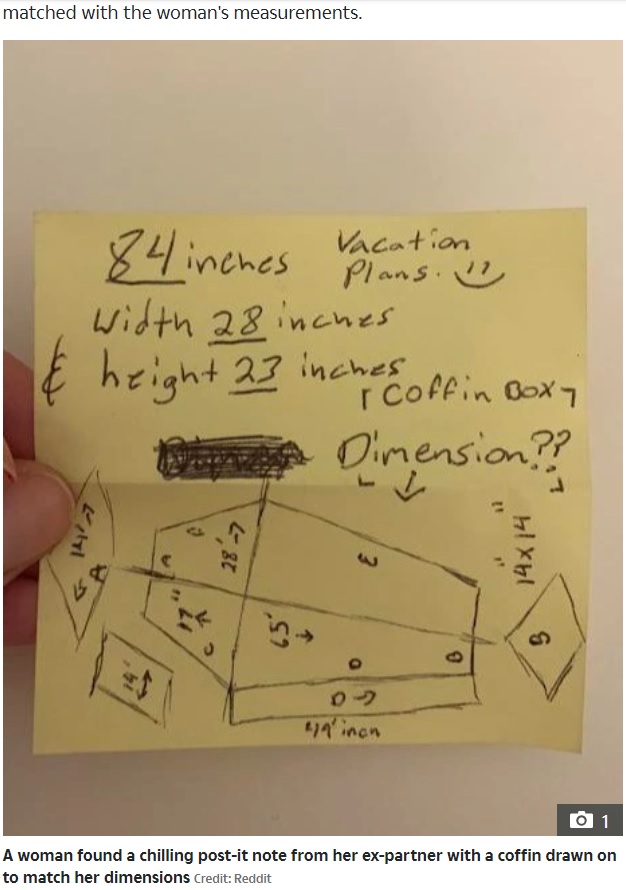 元カレは女性と同じサイズの棺を作る予定だった（画像は『The Sun　2022年4月27日付「COFFIN DODGER I left my abusive partner ＆ then found a terrifying note inside his toolbox that left me fearing for my life」（Credit: Reddit）』のスクリーンショット）