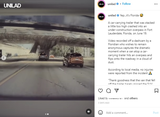 跳ね上がるバン（画像は『UNILAD　2022年6月26日付Instagram「Yep...it’s Florida」』のスクリーンショット）