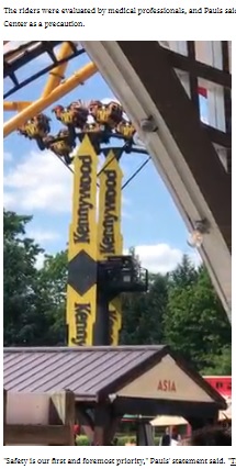 乗客は逆さまの状態で救助を待つことに（画像は『CBS News　2022年5月30日付「Kennywood’s Aero 360 gets stuck, leaves riders hanging upside down」』のスクリーンショット）