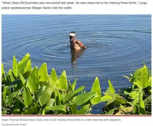 湖に沈むフリスビーを回収していたショーンさん（画像は『New York Post　2022年6月10日付「Florida man hunting for flying discs in gator-filled lake found dismembered」（Facebook/Derek Erskin）』のスクリーンショット）