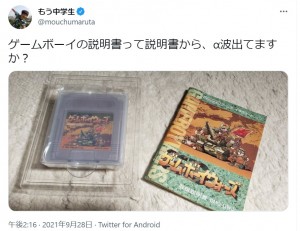 もう中学生が読んで楽しむゲームボーイの説明書（画像は『もう中学生　2021年9月28日付Twitter「ゲームボーイの説明書って説明書から、α波出てますか？」』のスクリーンショット）