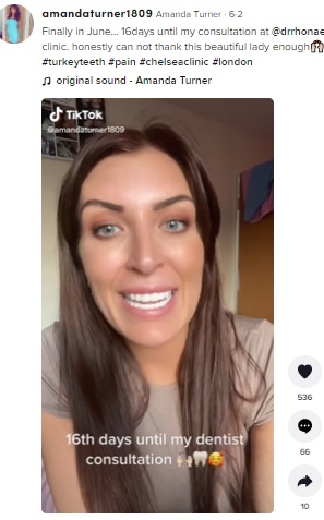 トルコで歯科治療を受けた女性（画像は『Amanda Turner　2022年6月2日付TikTok「Finally in June…」』のスクリーンショット）