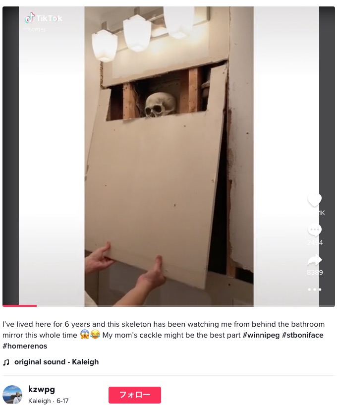 鏡の裏から出てきた骸骨（画像は『Kaleigh　2022年6月17日付TikTok「I’ve lived here for 6 years and this skeleton has been watching me from behind the bathroom mirror this whole time」』のスクリーンショット）