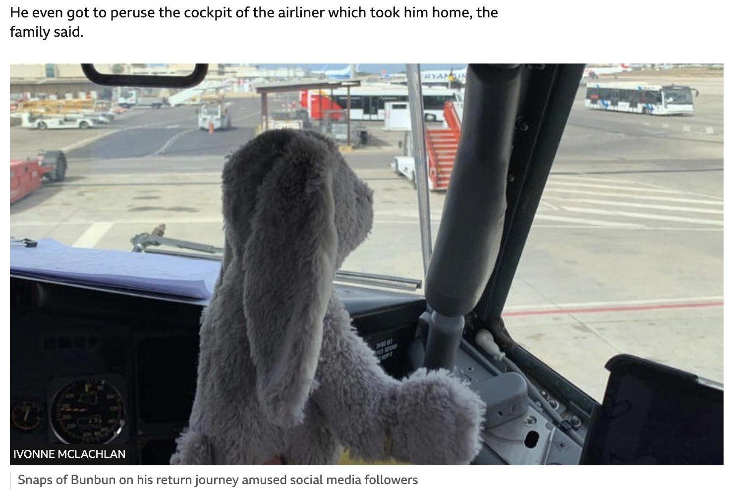 ブンブンは飛行機に乗ってルイス君のもとへ（画像は『BBC News 2022年7月8日付「Lost in Palma: Airline reunites Wakefield boy with soft toy」（IVONNE MCLACHLAN）』のスクリーンショット）