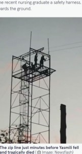 事故が起きる直前の写真（画像は『The Mirror　2022年7月6日付「Eerie final photo of nurse who fell to her death shows her climbing up dodgy zip line」（Image: Newsflash）』のスクリーンショット）