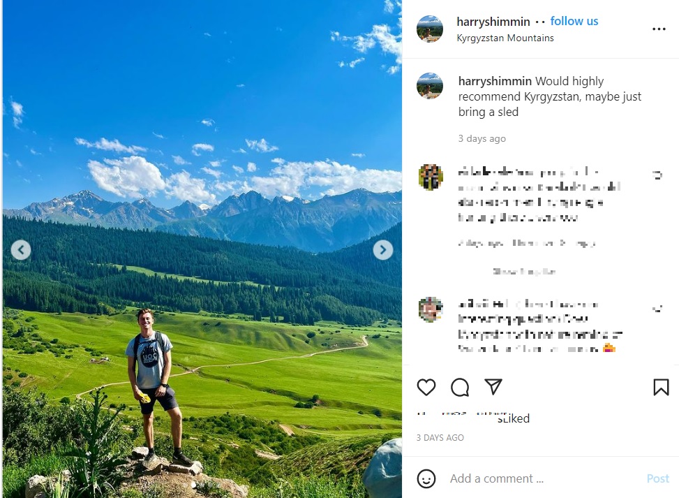 キルギスを旅するハリーさん（画像は『Harry Shimmin　2022年7月13日付Instagram「Would highly recommend Kyrgyzstan,」』のスクリーンショット）