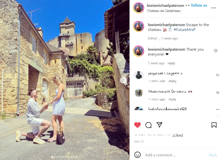 ロマンチックなプロポーズになるはずだったが…（画像は『Lewis Michael Paterson　2022年7月12日付Instagram「Escape to the chateau」』のスクリーンショット）