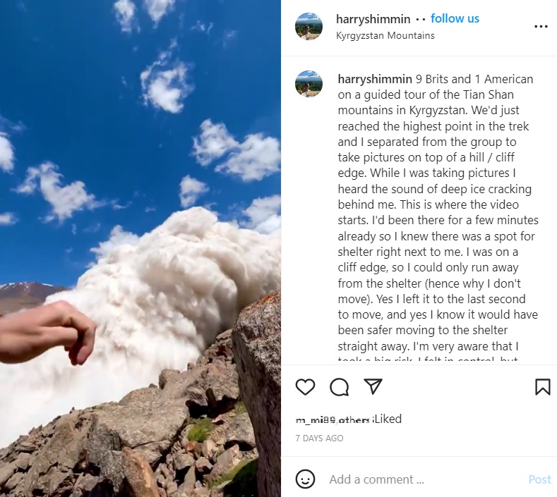 目の前に迫る雪崩（画像は『Harry Shimmin　2022年7月9日付Instagram「9 Brits and 1 American on a guided tour of the Tian Shan mountains in Kyrgyzstan.」』のスクリーンショット）