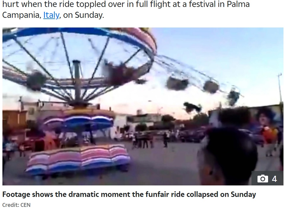 フルスピードで回転する回転ブランコ（画像は『The Sun　2022年7月13日付「RIDE FROM HELL Horror moment fairground carousel packed with children COLLAPSES in midair leaving 20 people injured」（Credit: CEN）』のスクリーンショット）