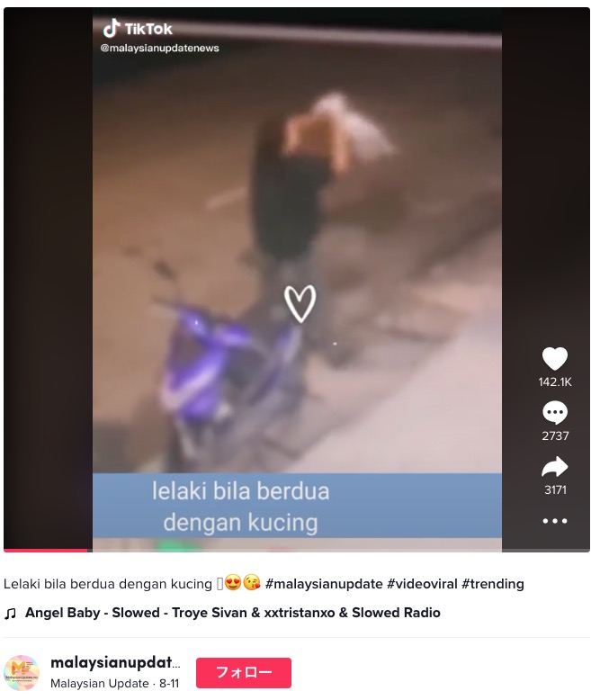 赤ちゃんのように猫を抱き上げてクルリと一回転（画像は『Malaysian Update　2022年8月11日付TikTok「Lelaki bila berdua dengan kucing」』のスクリーンショット）