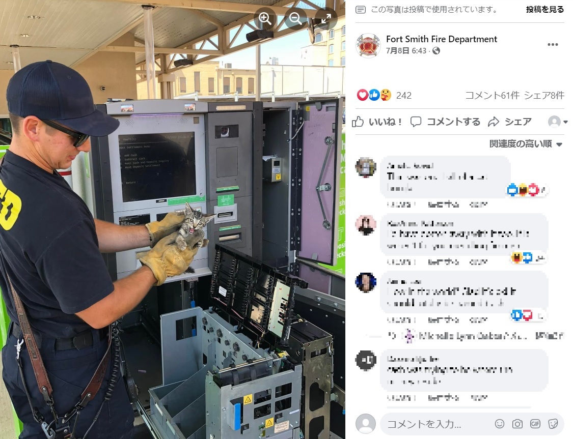 ATMの中から救出された子猫（画像は『Fort Smith Fire Department　2022年7月7日付Facebook「P-1, R-1 cat stuck in an ATM.」』のスクリーンショット）