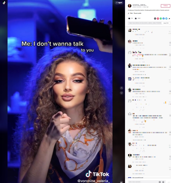 メイクのパワーで別人に（画像は『Valeria Voronina　2022年8月16日付TikTok「＃makeup ＃transformation」』のスクリーンショット）