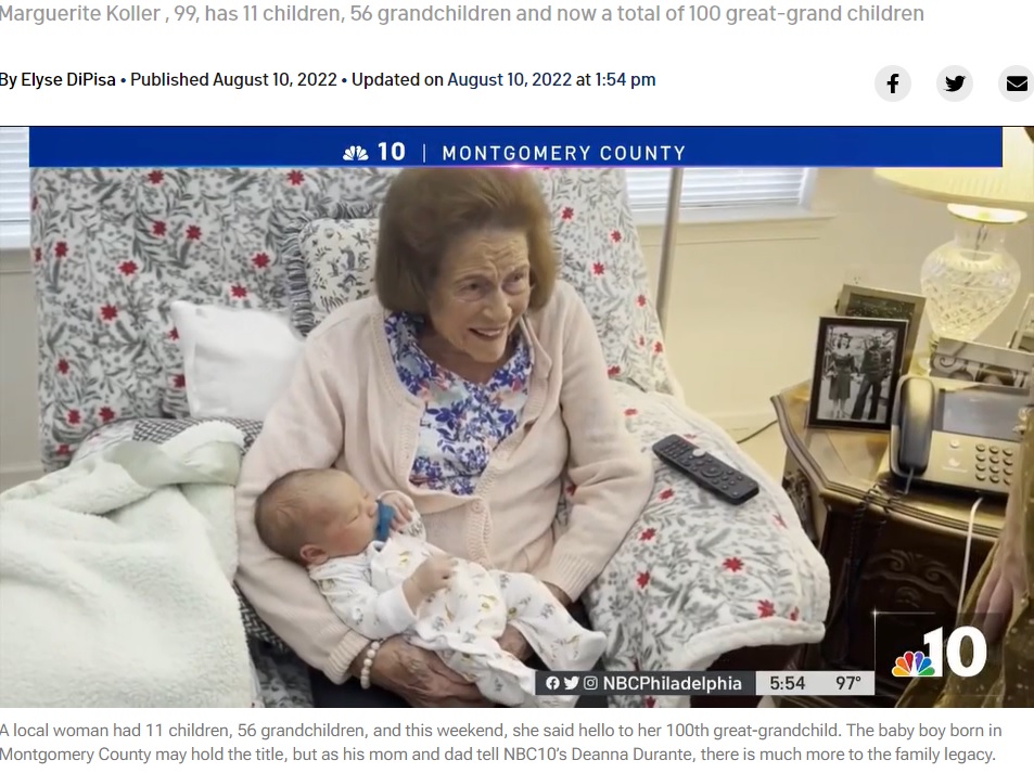 コラー・ウィリアム君を抱くマルグリットさん（画像は『NBC10 Philadelphia　2022年8月10日付「Mega Matriarch. Montgomery County Woman Celebrates 100th Great-Grandchild」』のスクリーンショット）