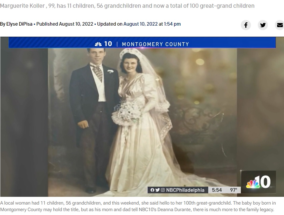 ウィリアムさんと1942年に結婚（画像は『NBC10 Philadelphia　2022年8月10日付「Mega Matriarch. Montgomery County Woman Celebrates 100th Great-Grandchild」』のスクリーンショット）