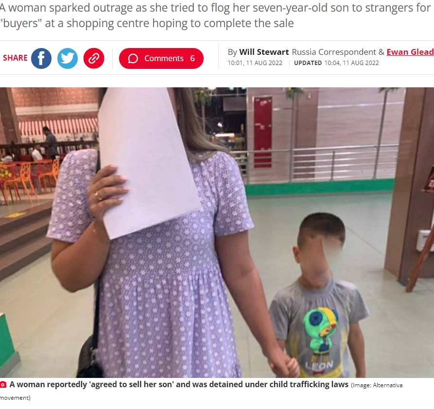 7歳の長男を売ろうとした母親（画像は『The Daily Star　2022年8月11日付「Mum-of-three caught trying to sell her kids to total strangers for £4k ‘to pay off debt’」（Image: Alternativa movement）』のスクリーンショット）