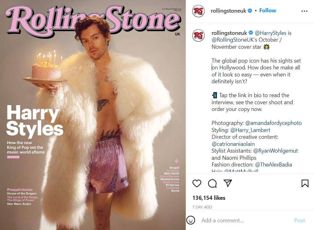 『Rolling Stone　UK』10・11月号の表紙（画像は『Rolling Stone UK　2022年8月22日付Instagram「＠HarryStyles is ＠RollingStoneUK’s October / November cover star」』のスクリーンショット）