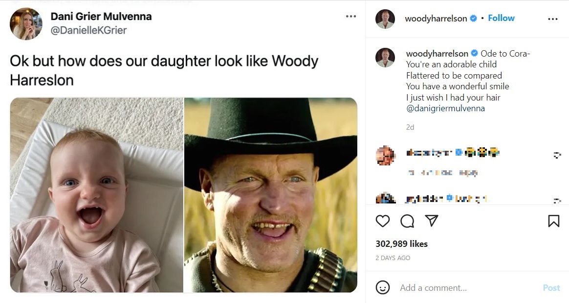 コーラちゃんに詩を贈ったウディ（画像は『Woody Harrelson　2022年8月4日付Instagram「Ode to Cora-」』のスクリーンショット）