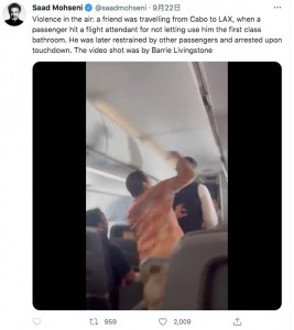 拳を振り上げて殴りかかる（画像は『Saad Mohseni　2022年9月22日付Twitter「Violence in the air: a friend was travelling from Cabo to LAX」』のスクリーンショット）