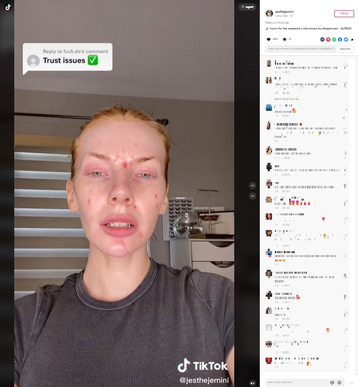 ニキビ肌が「薬物依存では？」と揶揄されることも（画像は『Jessy Volk　2022年7月3日付TikTok「Reply to ＠fuck.de」』のスクリーンショット）