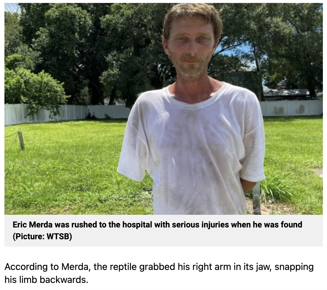 ワニに腕を噛みちぎられたエリックさん（画像は『Metro　2022年9月7日付「Man survived three days lost in woods after arm was bitten off by alligator」（Picture: WTSB）』のスクリーンショット）